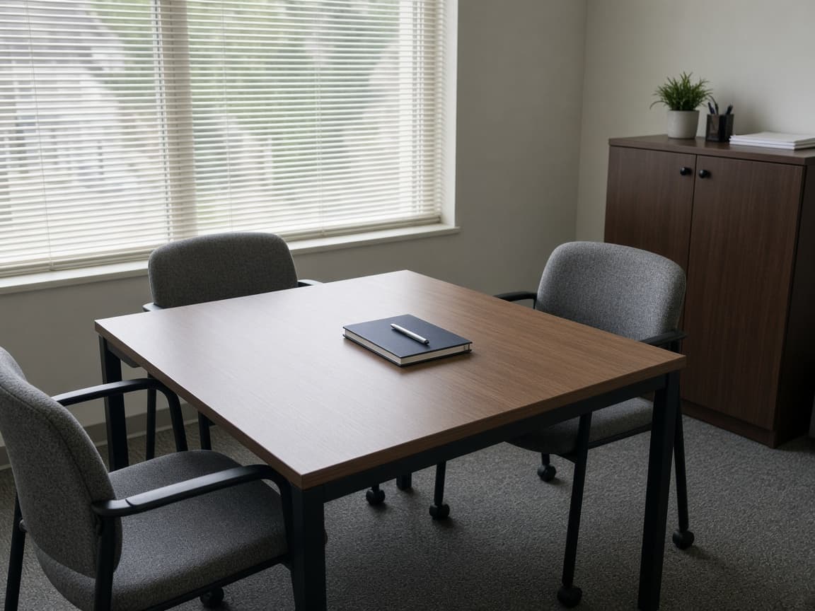 Empty conference table with a closed notebook